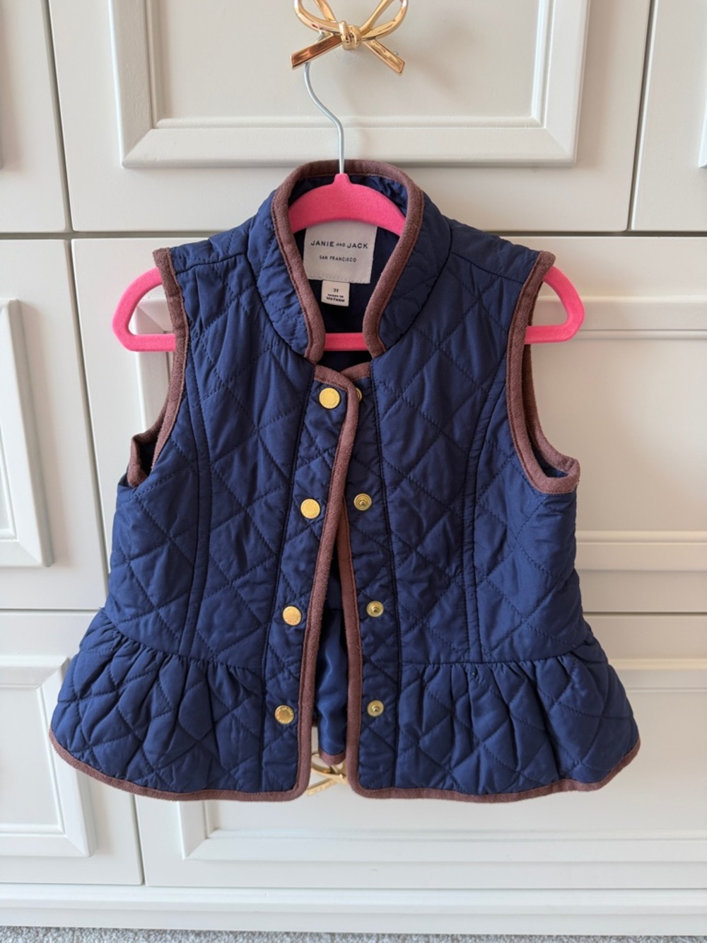 Janie and Jack Navy Quilted Peplum Vest with Brown Trim